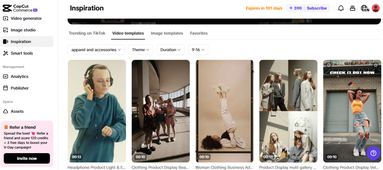 Pippit inspiration hub showcasing AI tools for growth with trending video templates for eCommerce marketing.